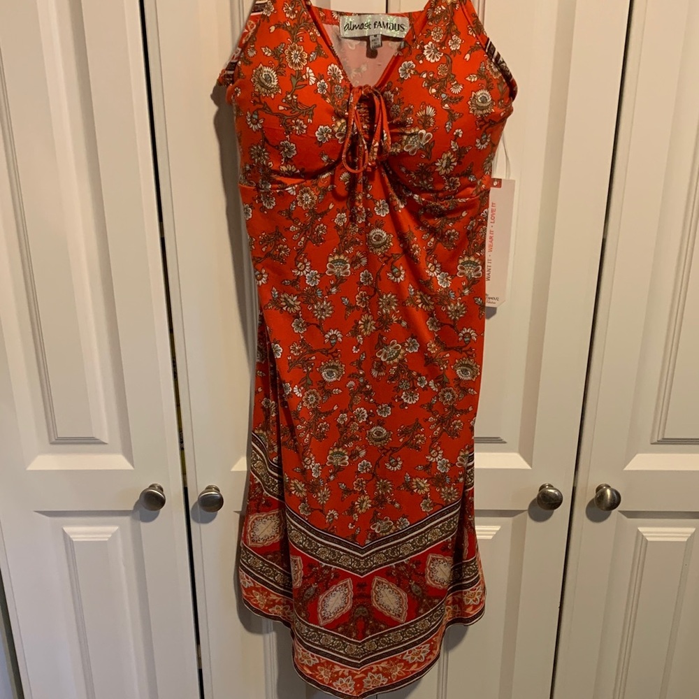 Almost Famous Red Floral Tie-Front Maxi Dress with Border Print